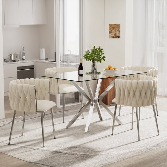 KATBOC 47.24in Rectangular Clear Tempered Glass Dining Table Set with Velvet Chairs, Metal Legs, Modern Furniture for Kitchen Dining Room