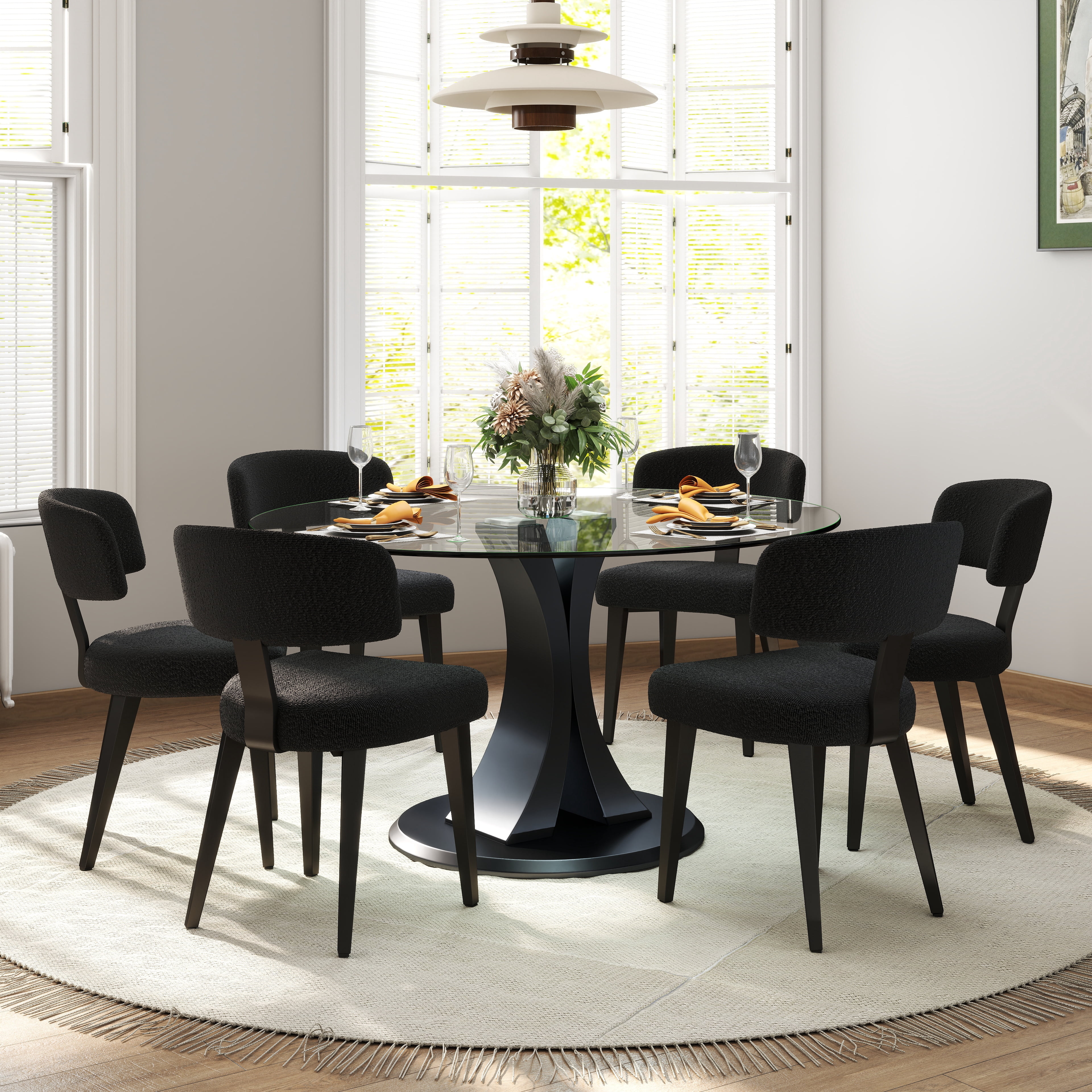 KATBOC 47.2in Round Dining Table Set with 6 Velvet Chairs, Tempered ...