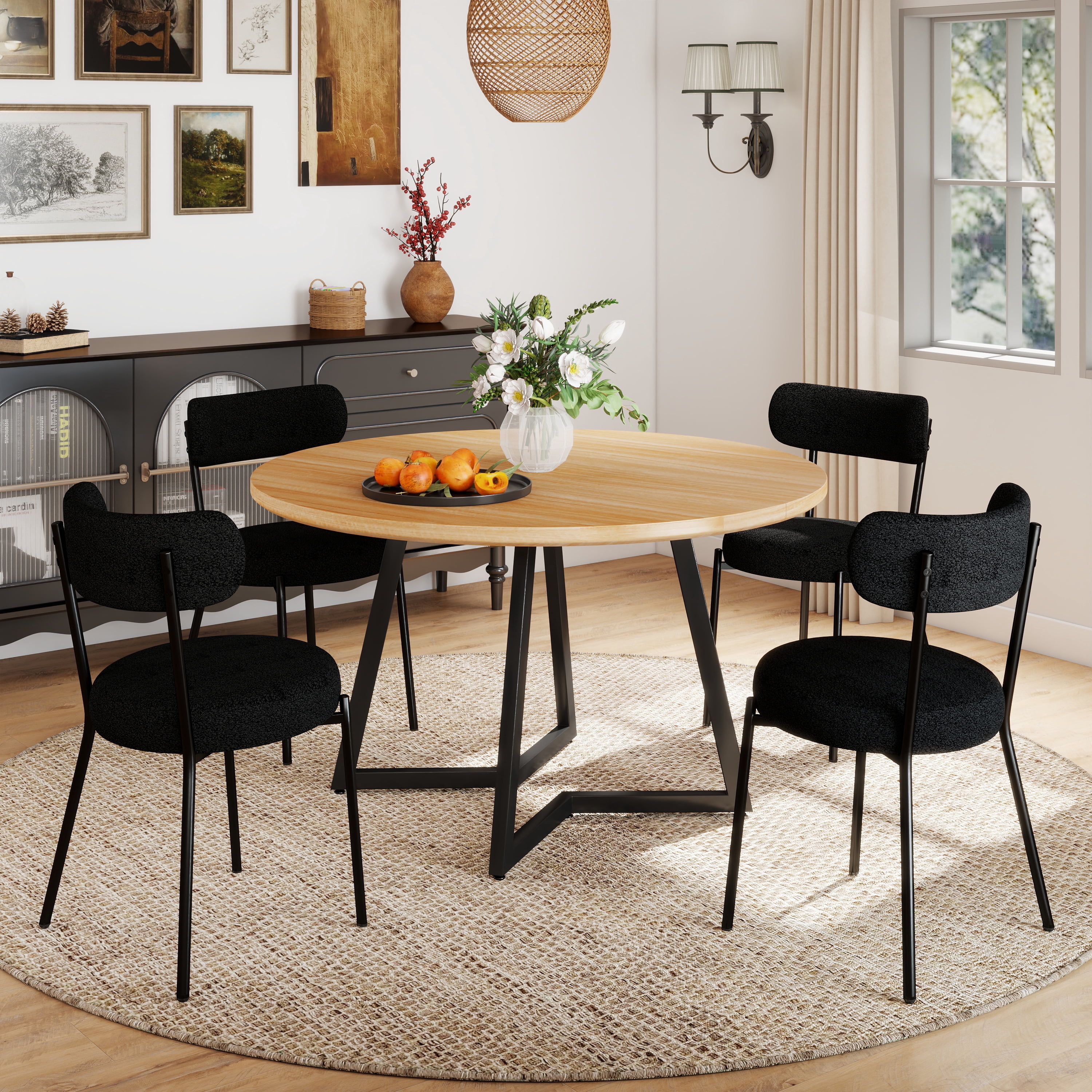 KATBOC 47in Round Dining Table Set with 4 Velvet Chairs, Solid Walnut ...