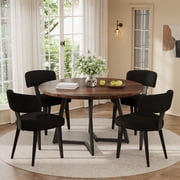 KATBOC 47in Round Dining Table Set with 4 Boucle Chairs, Solid Walnut Modern Farmhouse Kitchen Table for 4-6 People, Dining Room, Dark Brown & Black