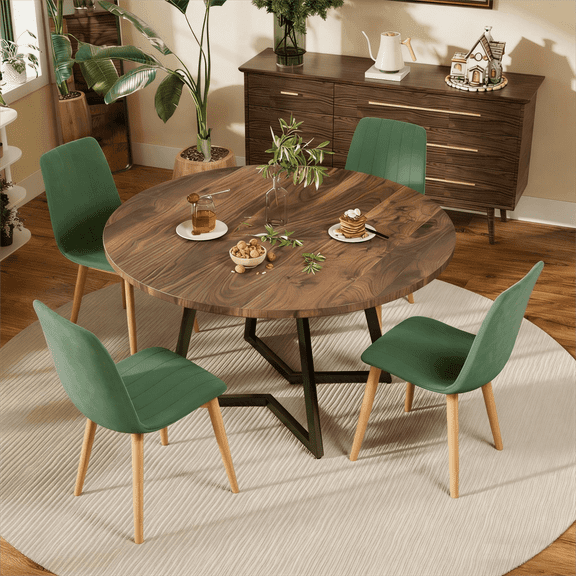 KATBOC 47in Round Dining Table Set with 4 Boucle Chairs, Solid Walnut Modern Farmhouse Kitchen Table for 4-6 People, Dining Room, Dark Brown & Wood