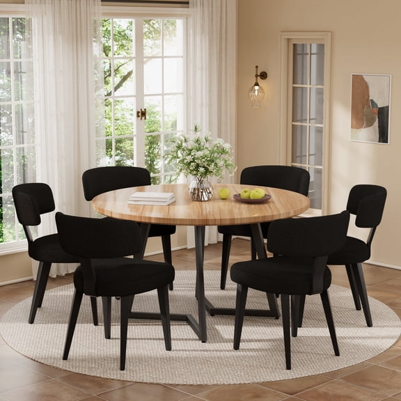 KATBOC 47in Round Dining Table Set with 6 Boucle Chairs, Solid Walnut Modern Farmhouse Kitchen Table for 4-6 People, Dining Room, Light Brown & Black