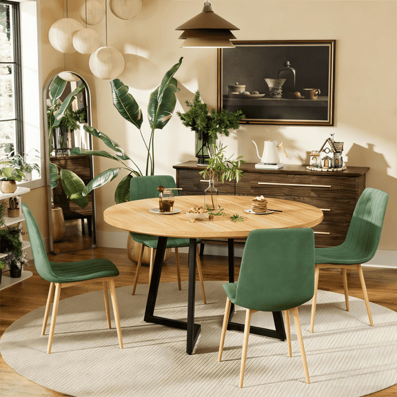 KATBOC 47in Round Dining Table Set with 4 Boucle Chairs, Solid Walnut Modern Farmhouse Kitchen Table for 4-6 People, Dining Room,Light Brown & Wood