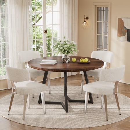 KATBOC 47in Round Dining Table Set with 6 Boucle Chairs, Solid Walnut Modern Farmhouse Kitchen Table for 4-6 People, Dining Room, Dark Brown & Black