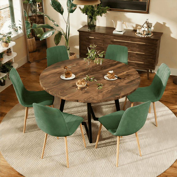 KATBOC 47in Round Dining Table Set with 6 Boucle Chairs, Solid Walnut Modern Farmhouse Kitchen Table for 4-6 People, Dining Room, Dark Brown & Wood