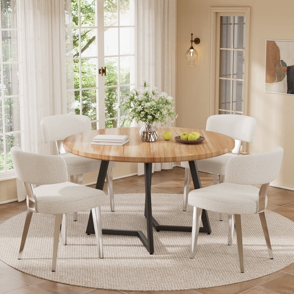 KATBOC 47in Round Dining Table Set with 4 Boucle Chairs, Solid Walnut Modern Farmhouse Kitchen Table for 4-6 People, Dining Room, Light Brown & White