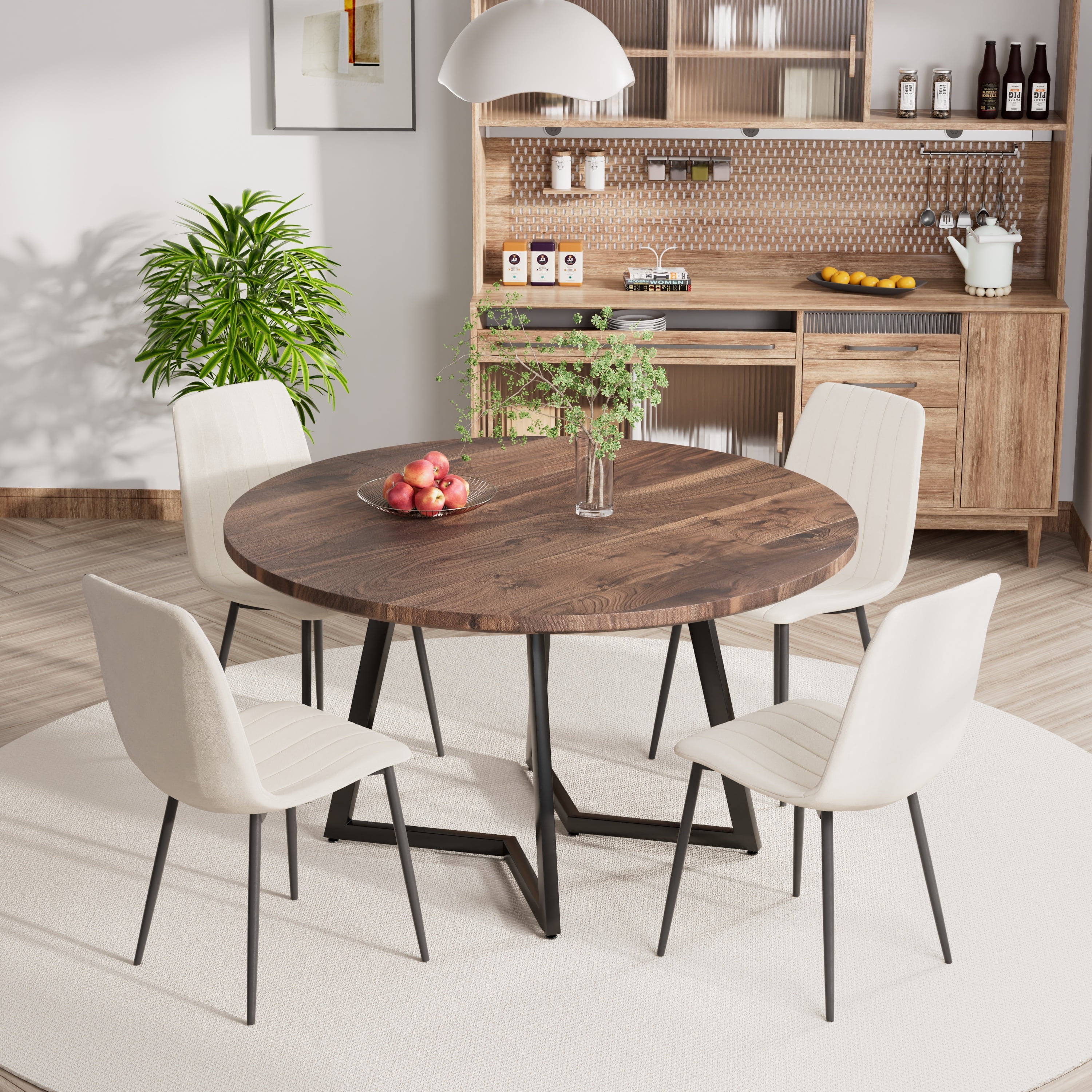KATBOC 47in Round Modern Farmhouse Dining Table Set with 4 Velvet ...
