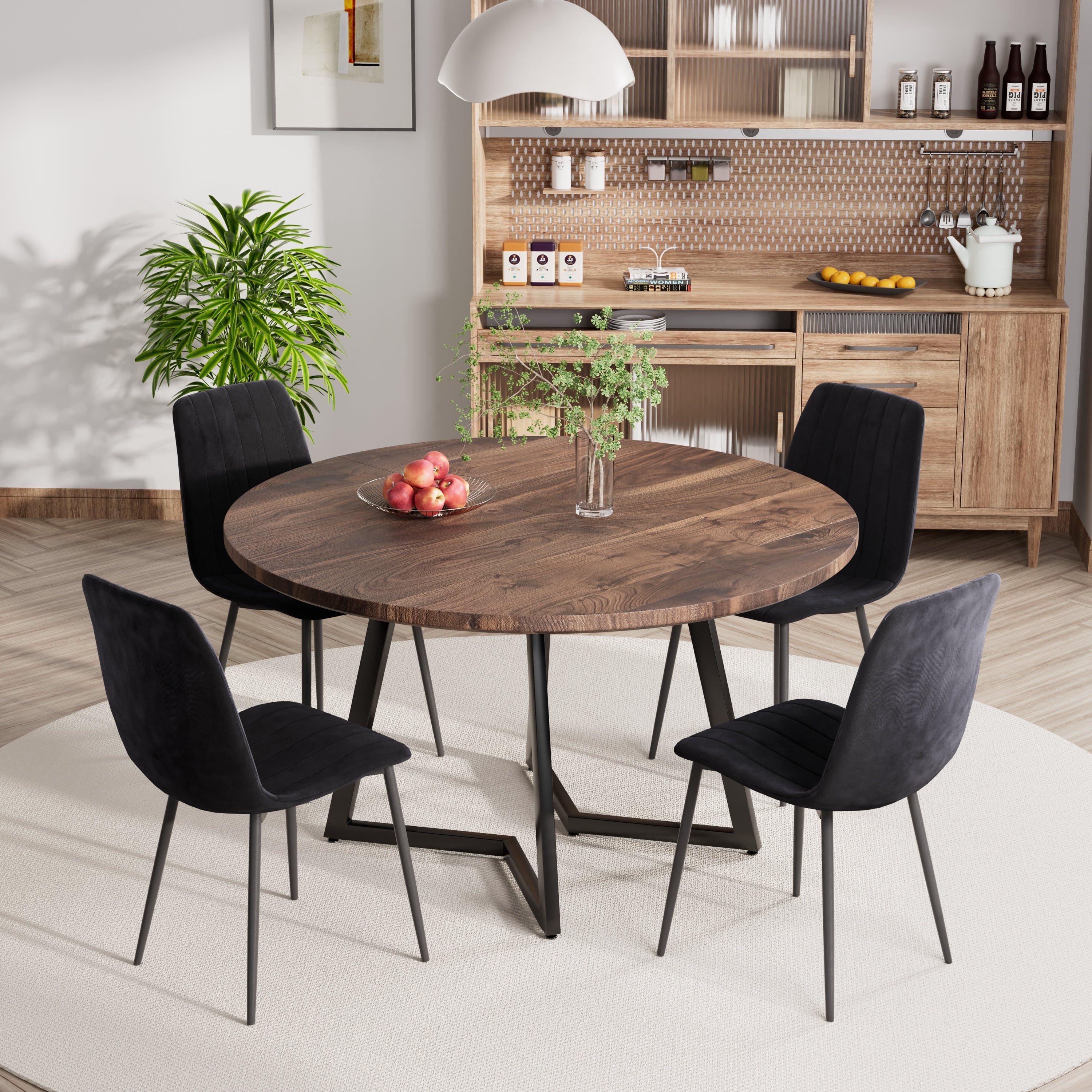 KATBOC 47in Round Modern Farmhouse Dining Table Set with 4 Velvet ...