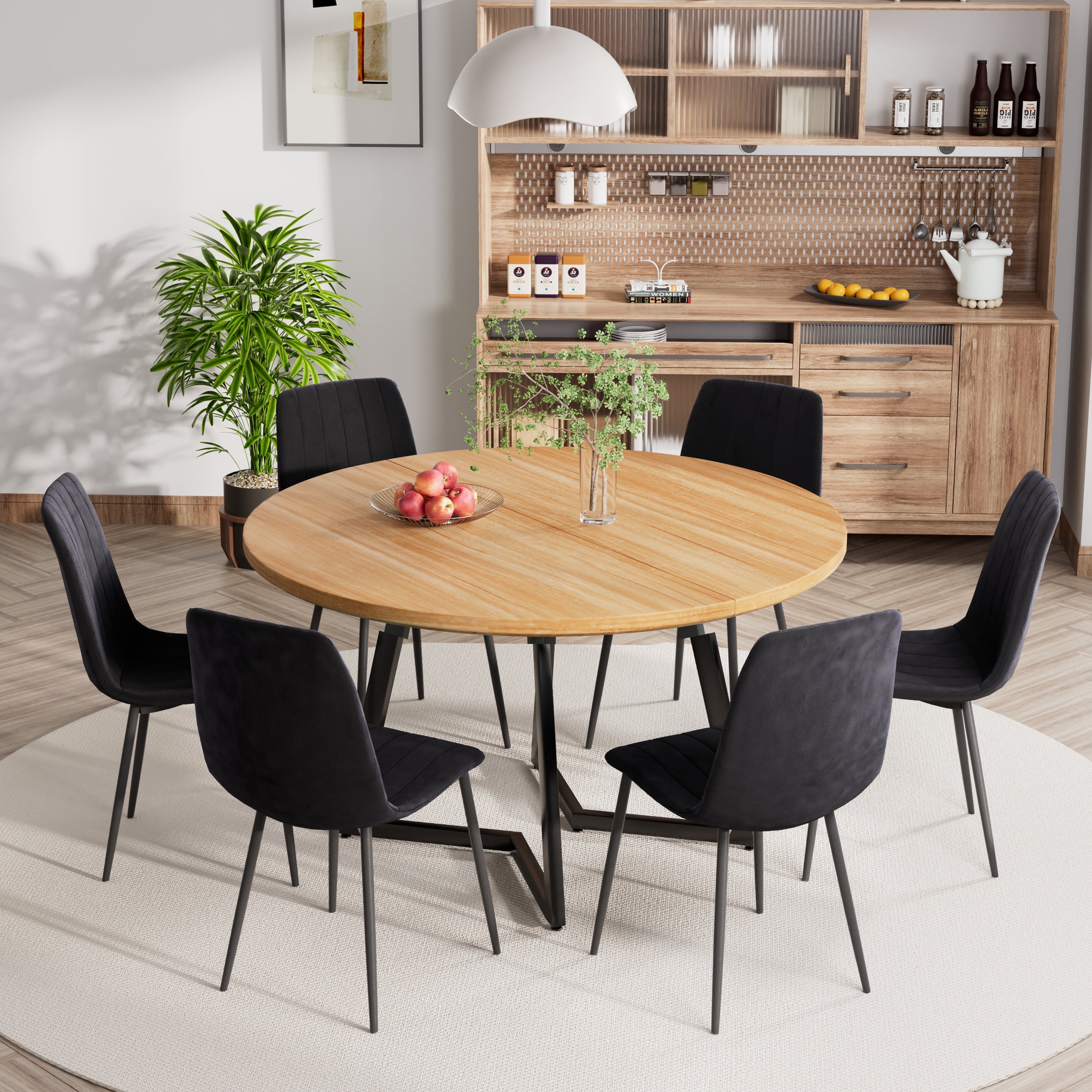 KATBOC 47in Round Modern Farmhouse Dining Table Set with 6 Velvet ...
