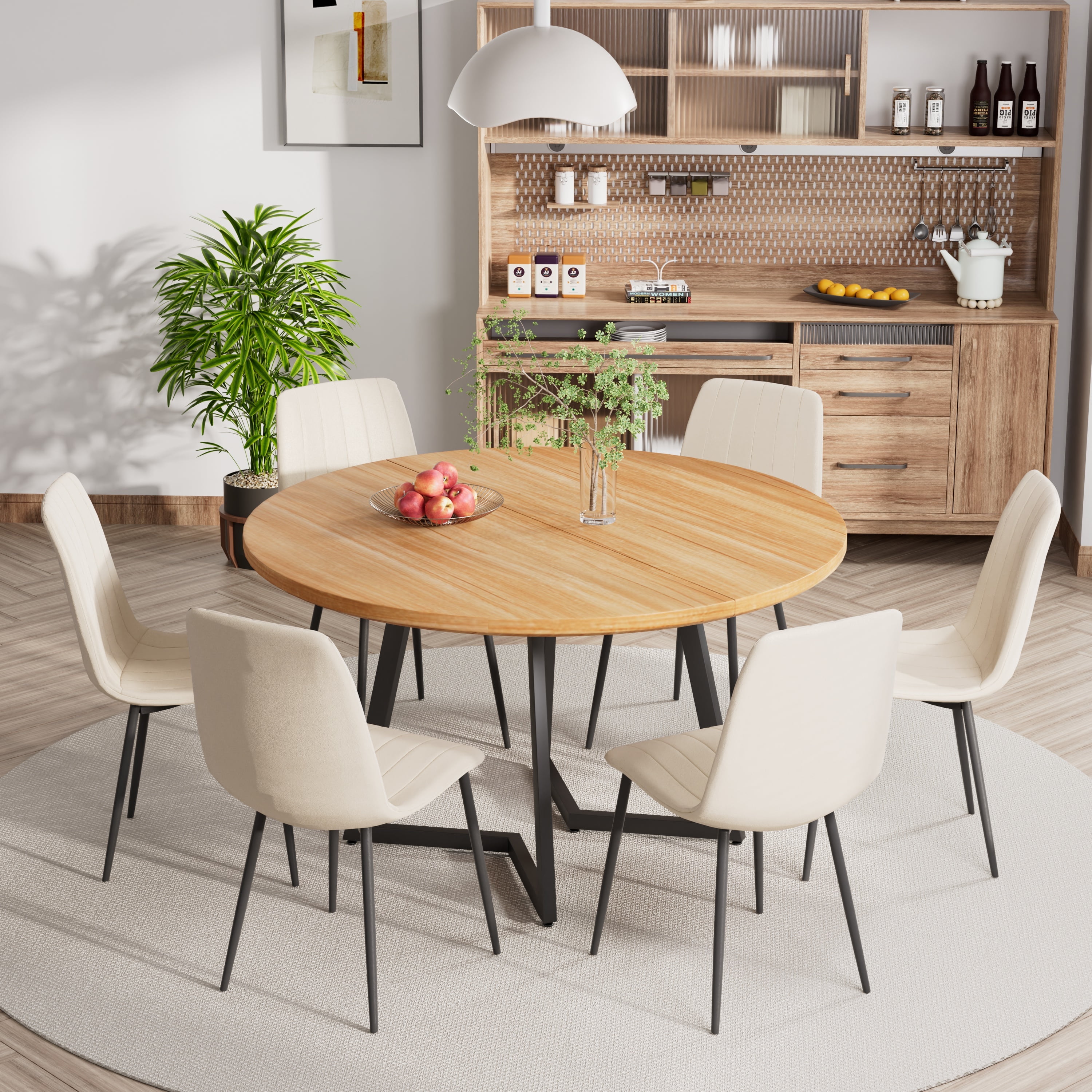 KATBOC 47in Round Modern Farmhouse Dining Table Set with 6 Velvet ...