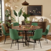 KATBOC 47in Round Modern Farmhouse Dining Table Set with 6Velvet Chairs, Walnut MDF Top & Black Metal Legs, Waterproof Kitchen Furniture for Small Spaces Apartment, Breakfast Nook, Dark Brown+Green
