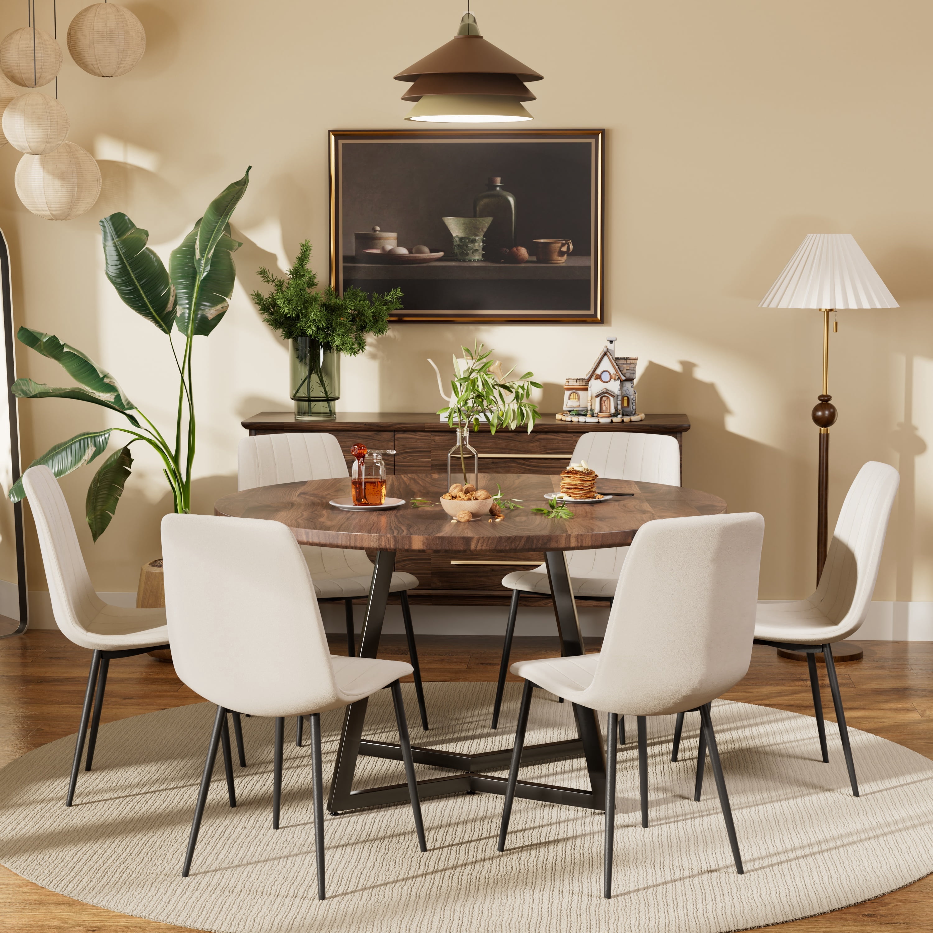 KATBOC 47in Round Modern Farmhouse Dining Table Set with 6Velvet Chairs ...
