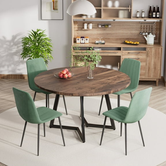 KATBOC 47in Round Modern Farmhouse Dining Table Set with 6Velvet Chairs, Walnut MDF Top & Black Metal Legs, Waterproof Kitchen Furniture for Small Spaces Apartment, Breakfast Nook, Dark Brown+Green