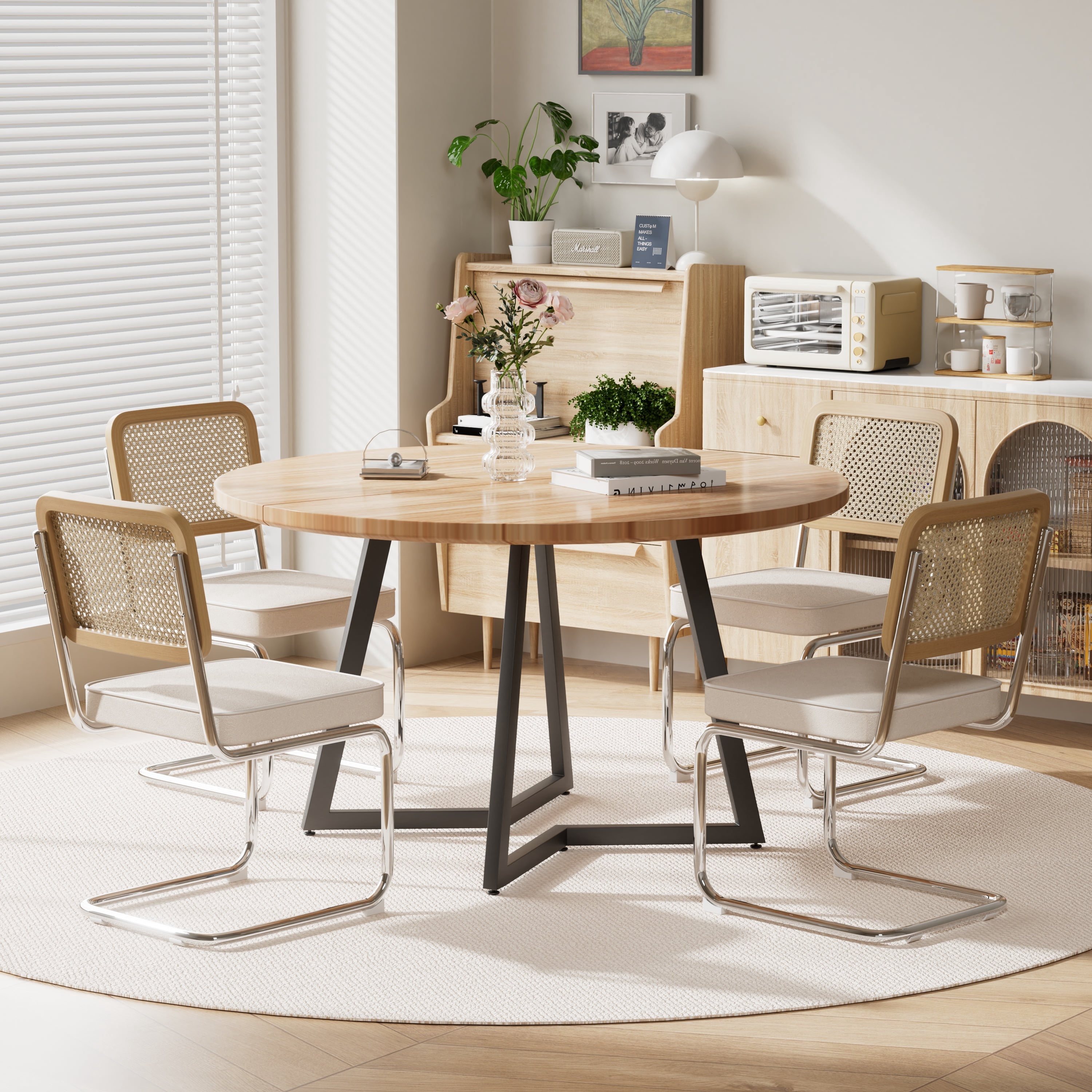 KATBOC 47in Round Solid Walnut Dining Table Set with 4 Mid-Century ...