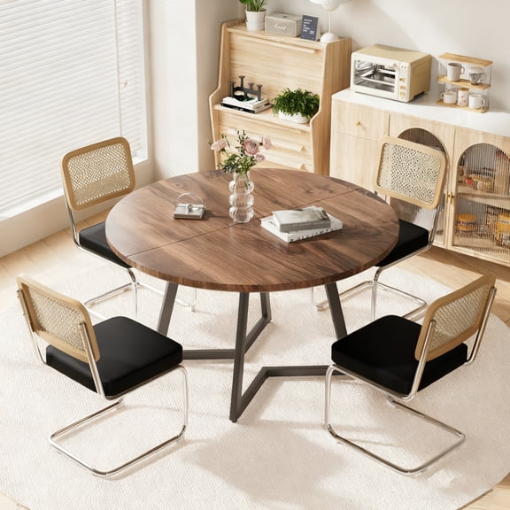 KATBOC 47in Round Solid Walnut Dining Table Set with 4 Mid-Century Modern Chairs, Scratch-Resistant, Farmhouse Style for 4-6 People, Dining Room, Black