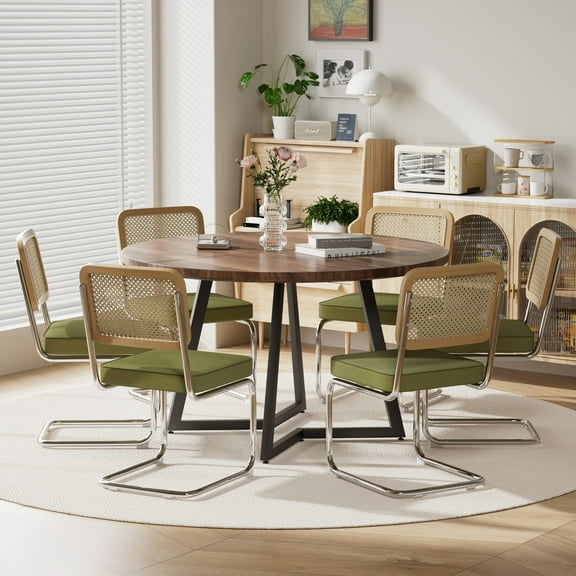 KATBOC 47in Round Solid Walnut Dining Table Set with 6 Mid-Century Modern Chairs, Scratch-Resistant, Farmhouse Style for 4-6 People, Dining Room, Green
