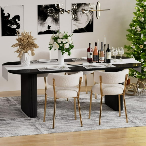 KATBOC 4pcs Teddy Velvet Dining Chair, Gold Metal Legs with Adjustable Non-Slip Feet, High-Density Sponge Seat, Stain-Resistant, for Office, Living Room, Kitchen, GoldWhite