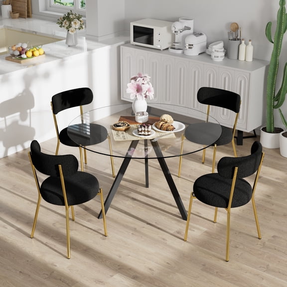 KATBOC 5-Piece Dining Set, 38.9in Round Glass Table with 4 Velvet Chairs, Modern Minimalist Kitchen Dining Set for Small Space, Office, Living Room, Black1