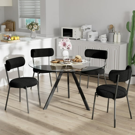 KATBOC 5-Piece Dining Set, 38.9in Round Glass Table with 4 Velvet Chairs, Modern Minimalist Kitchen Dining Set for Small Space, Office, Living Room, Black