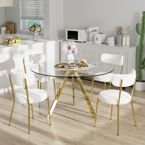 KATBOC 5-Piece Dining Set, 38.9in Round Glass Table with 4 Velvet Chairs, Modern Minimalist Kitchen Dining Set for Small Space, Office, Living Room, GoldWhite2