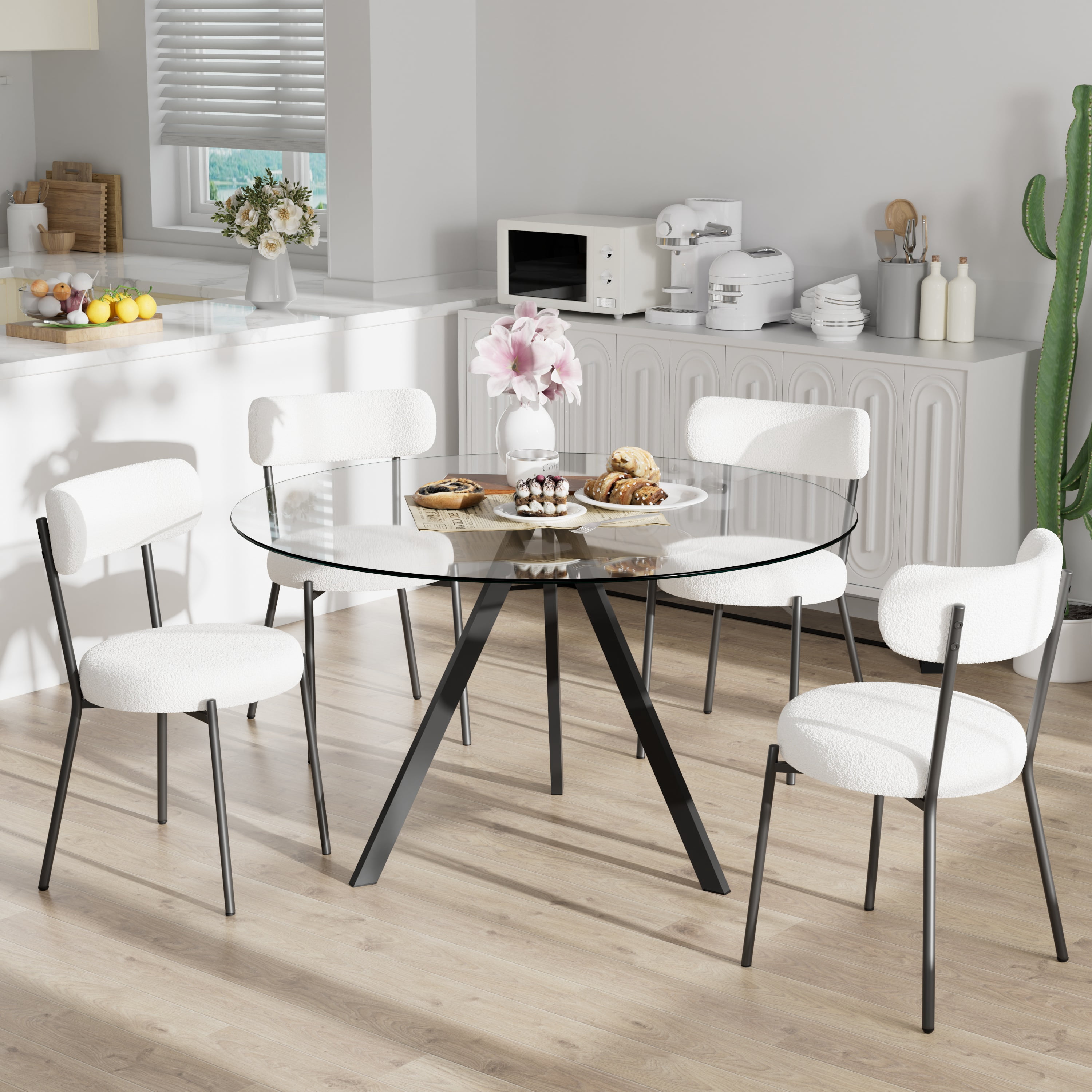 KATBOC 5-Piece Dining Set, 38.9in Round Glass Table with 4 Velvet ...
