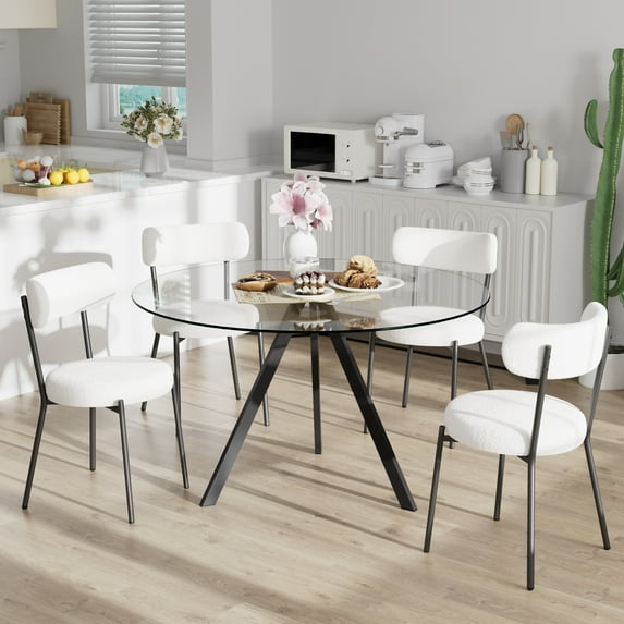 KATBOC 5-Piece Dining Set, 38.9in Round Glass Table with 4 Velvet Chairs, Modern Minimalist Kitchen Dining Set for Small Space, Office, Living Room, White