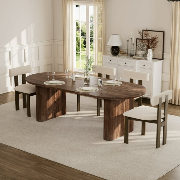 KATBOC Extendable Dining Table Set with 4 Modern Boucle Chairs, Solid Rubber Wood Farmhouse Kitchen Set for 4-8, Mid-Century Style for Living Room & Office, Dark Brown