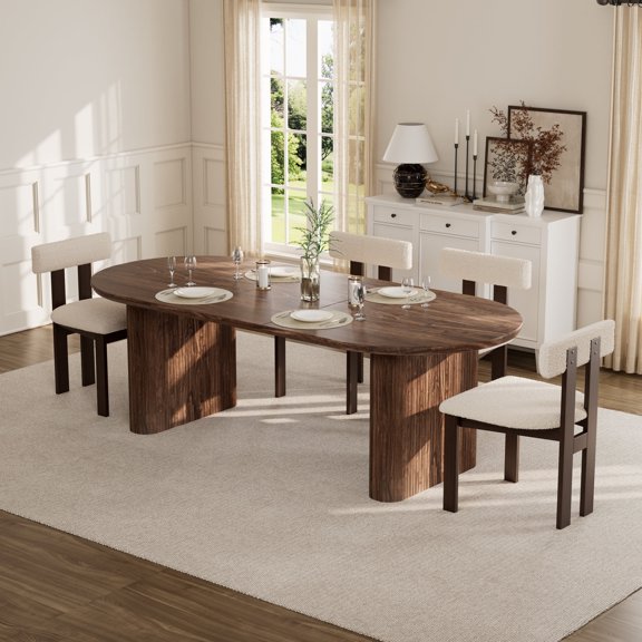 KATBOC Extendable Dining Table Set with 4 Modern Boucle Chairs, Solid Rubber Wood Farmhouse Kitchen Set for 4-8, Mid-Century Style for Living Room & Office, Dark Brown