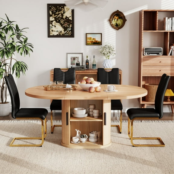 KATBOC 5-Piece Farmhouse Dining Set, 59in Oval Table with Storage Shelf & 4 Upholstered Chairs, Space Saving for Small Kitchen/Dining Room, Black1