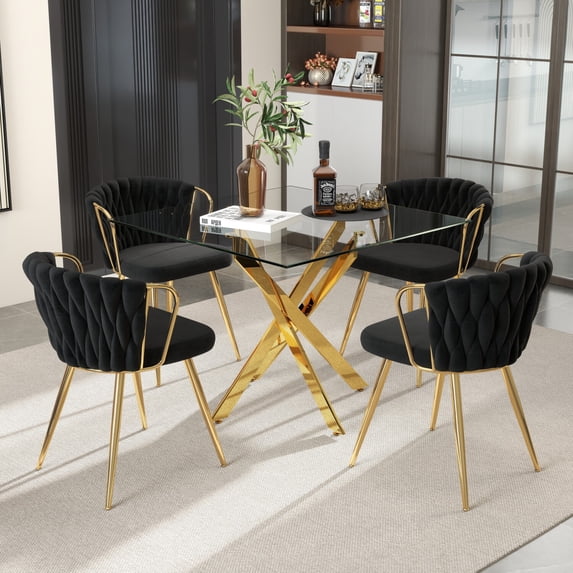 KATBOC 5-Piece Glass Dining Table Set with Velvet Chairs, 36in Square Tempered Glass Top & Chrome Metal Legs, Space Saving for Small Kitchen Apartment, Gold & Black