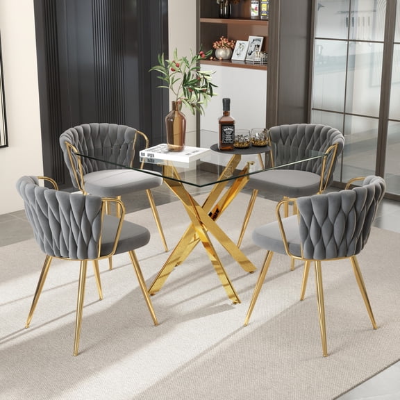 KATBOC 5-Piece Glass Dining Table Set with Velvet Chairs, 36in Square Tempered Glass Top & Chrome Metal Legs, Space Saving for Small Kitchen Apartment, Gold & Gray