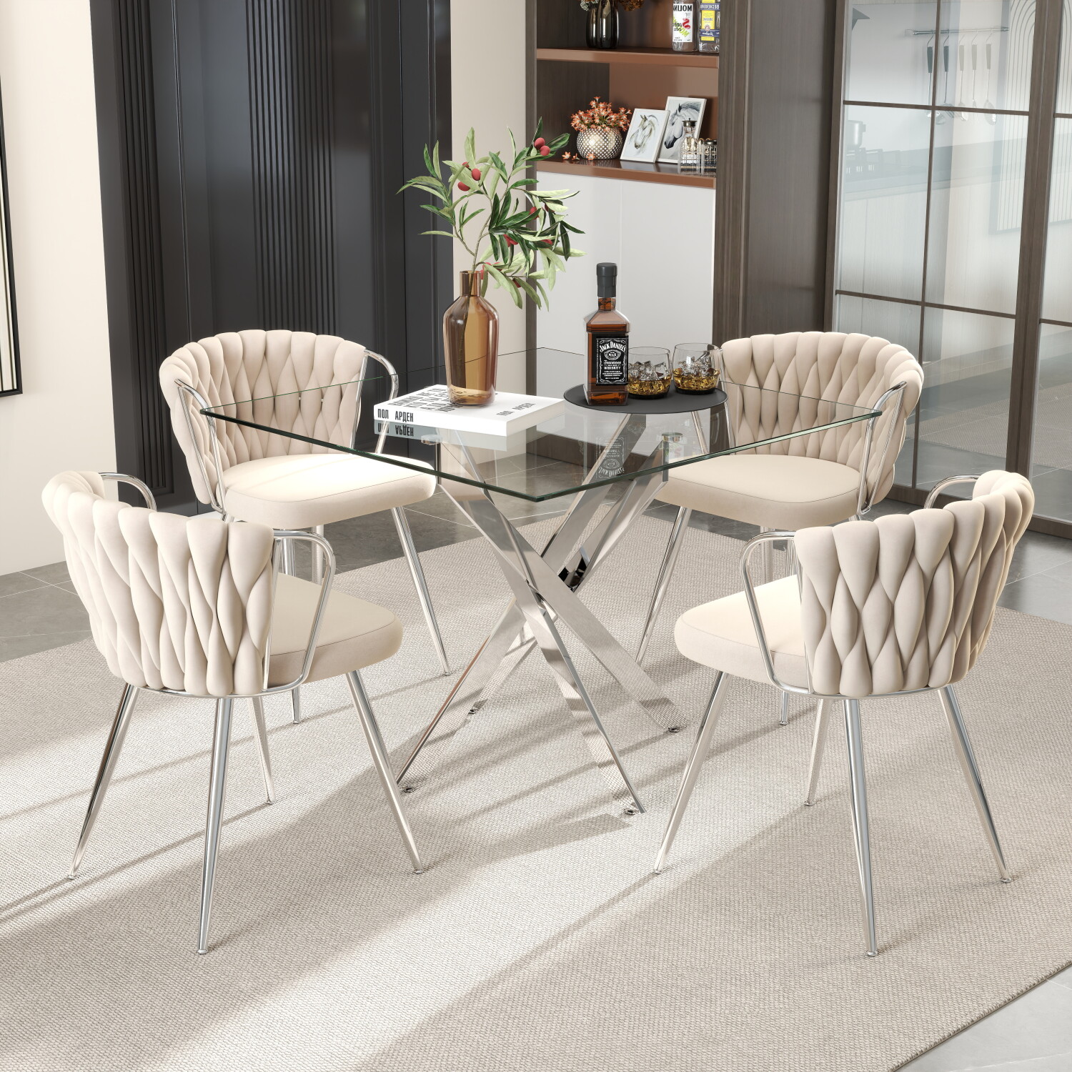 KATBOC 5-Piece Glass Dining Table Set with Velvet Chairs, 36in Square Tempered Glass Top & Chrome Metal Legs, Space Saving for Small Kitchen Apartment, Silver & Beige