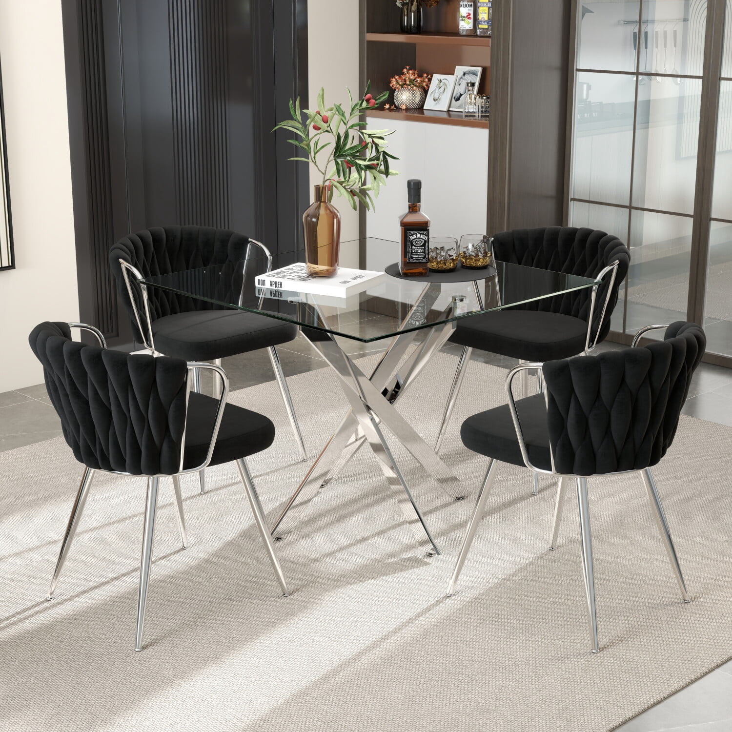 KATBOC 5-Piece Glass Dining Table Set with Velvet Chairs, 36in Square ...