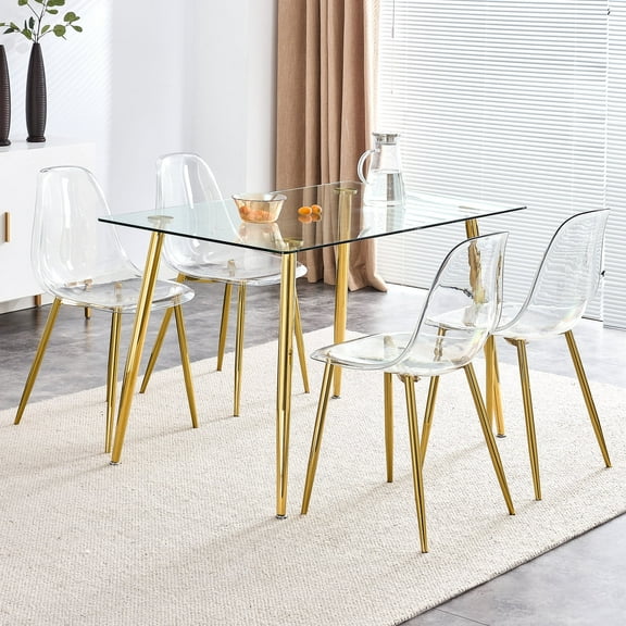 KATBOC 5-Piece Modern Dining Table and Chairs Set, 51in Glass Top with Transparent Chairs & Metal Legs for Kitchen Dining Room, Gold