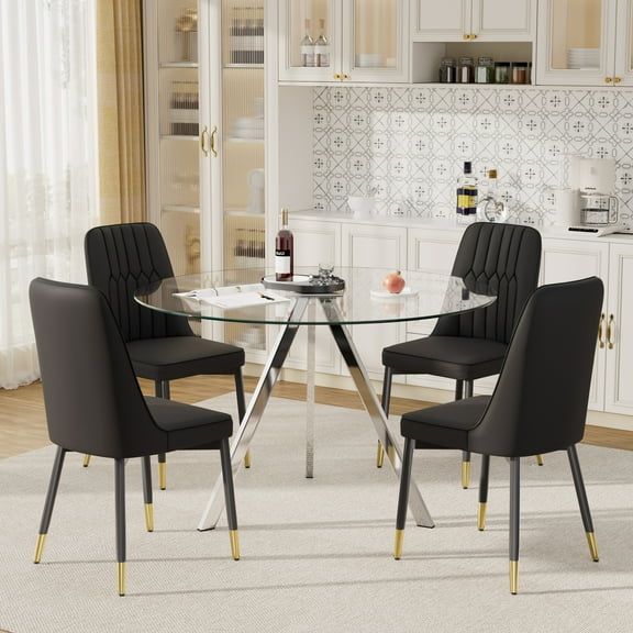KATBOC 5-Piece Modern Round Glass Dining Table Set, Aluminum Tray & PU Leather Chairs, 47.2in Small Space Kitchen Table for 4-6, Black1