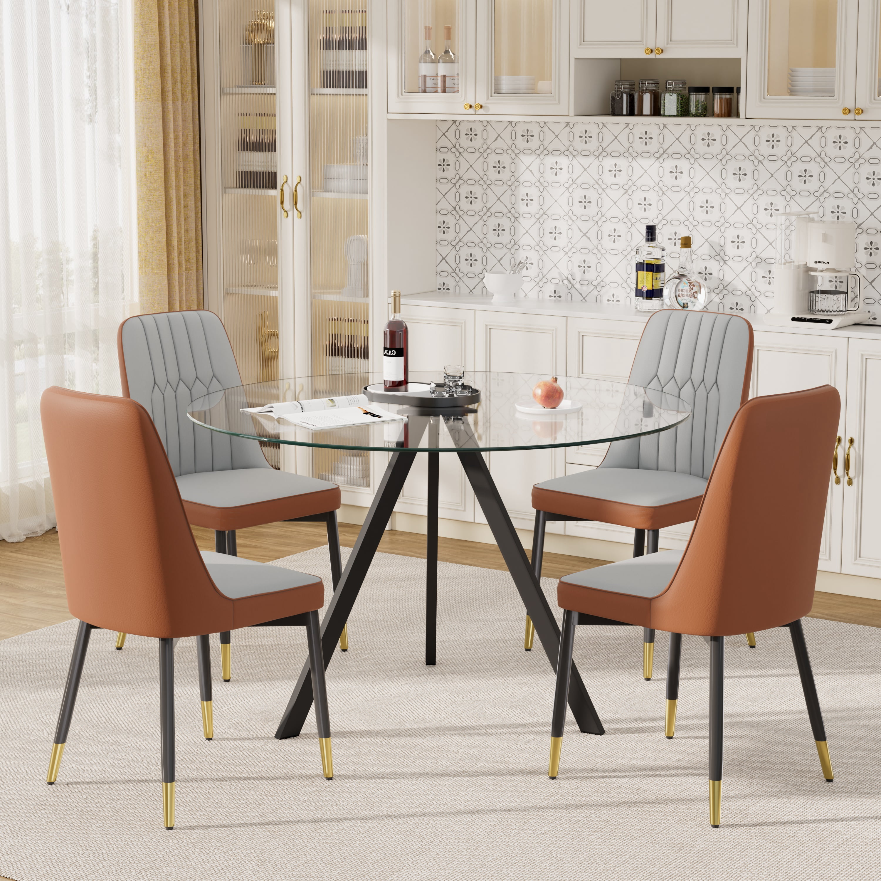 KATBOC 5-Piece Modern Round Glass Dining Table Set, Aluminum Tray & PU ...