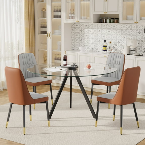 KATBOC 5-Piece Modern Round Glass Dining Table Set, Aluminum Tray & PU Leather Chairs, 47.2in Small Space Kitchen Table for 4-6, Brown