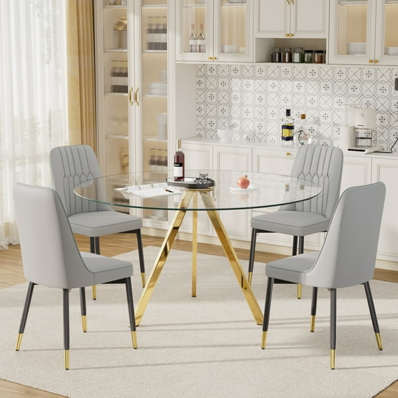 KATBOC 5-Piece Modern Round Glass Dining Table Set, Aluminum Tray & PU Leather Chairs, 47.2in Small Space Kitchen Table for 4-6, Gray1
