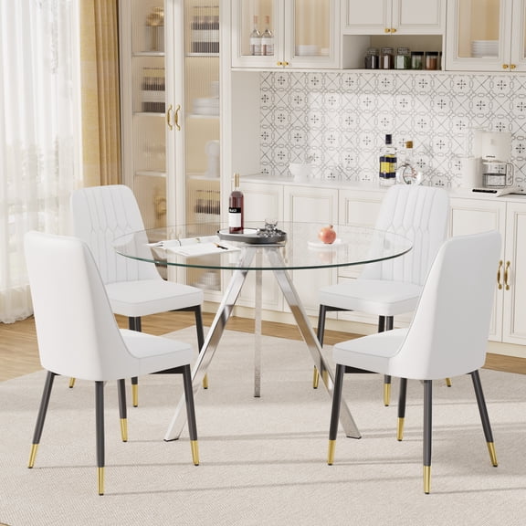 KATBOC 5-Piece Modern Round Glass Dining Table Set, Aluminum Tray & PU Leather Chairs, 47.2in Small Space Kitchen Table for 4-6, White1