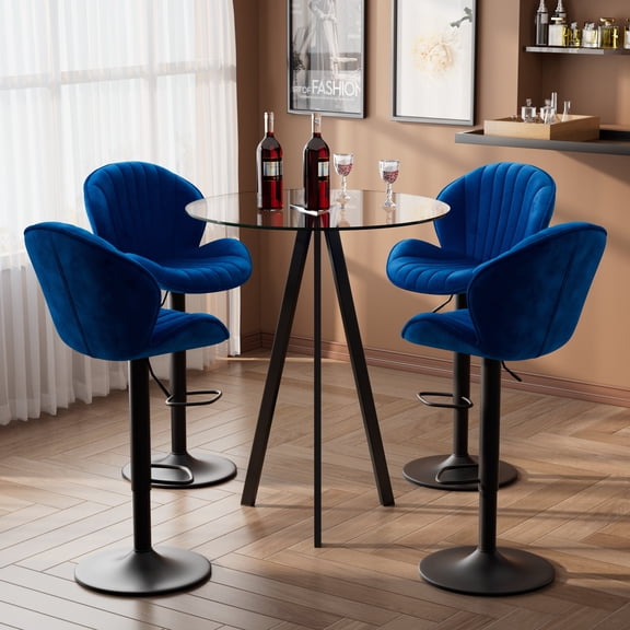 KATBOC 5PCS Bar set , 4 Adjustable Bar Stools with Back & 1-Piece Glass Top Bar Tabl , Counter Height for Kitchen Pub, BlackBlue
