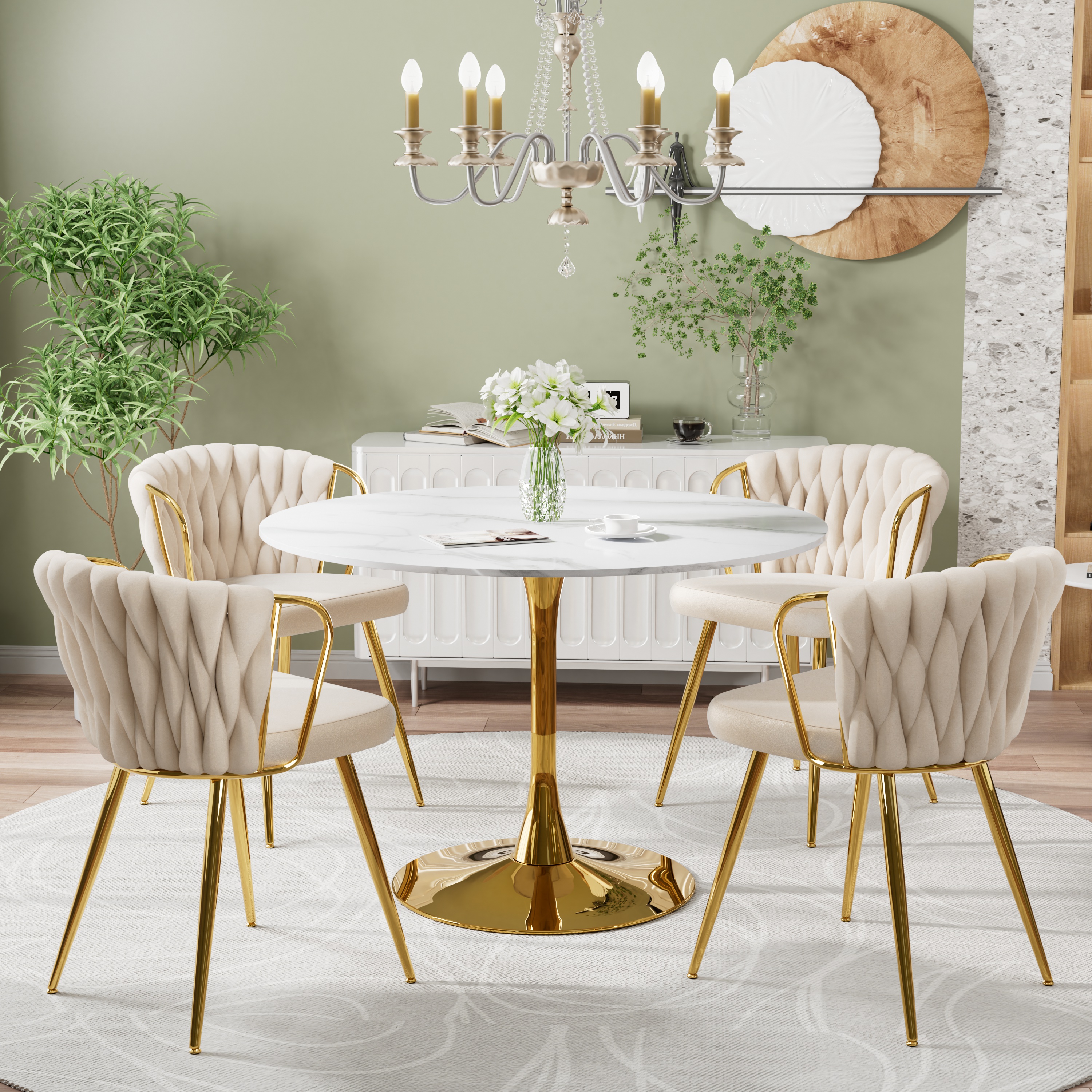 KATBOC 5PCS Round Dining Table Set with 4 Velvet Chairs, 42.1in Marble ...