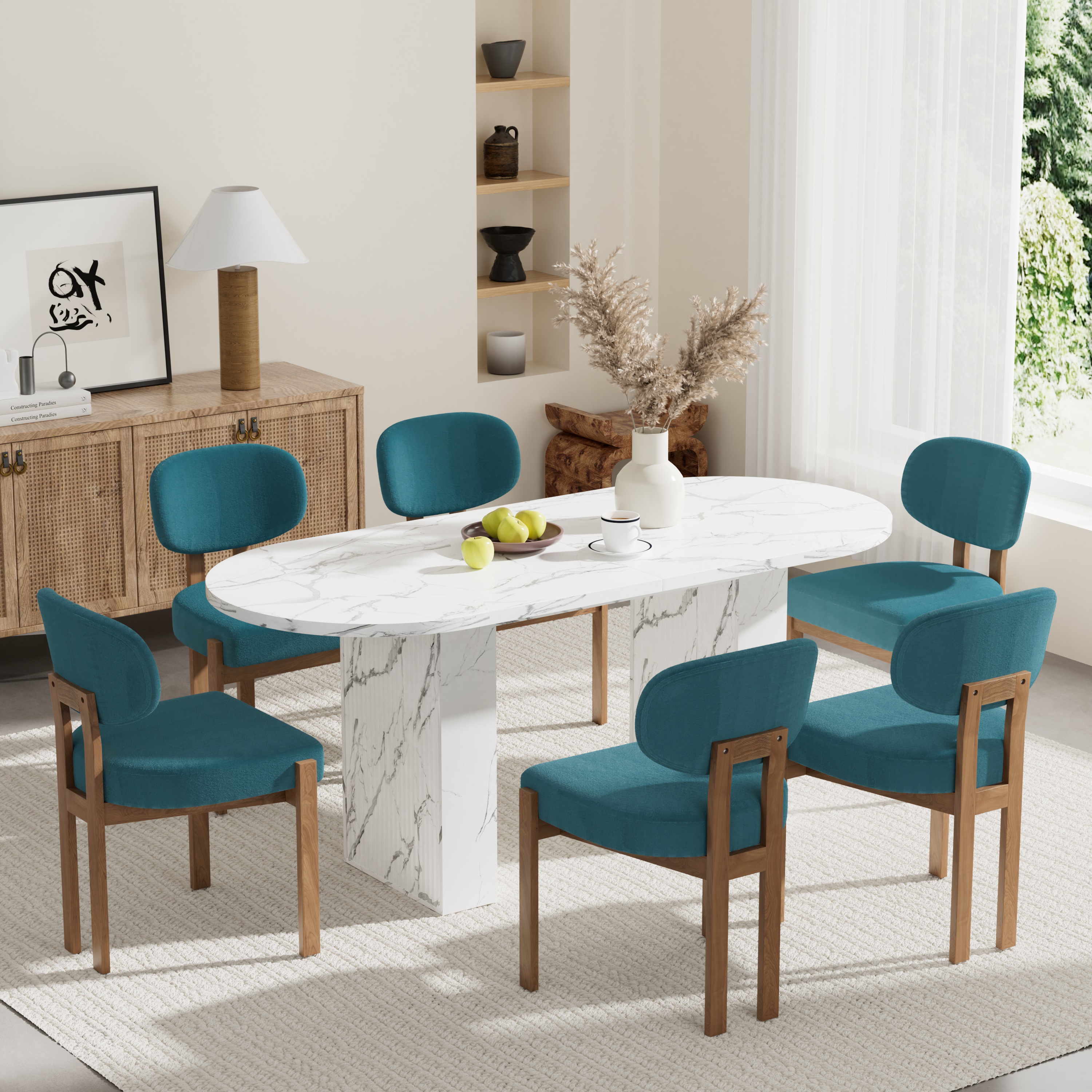 KATBOC 62.9in Oval Dining Table Set with 4 Upholstered Chairs, Modern ...