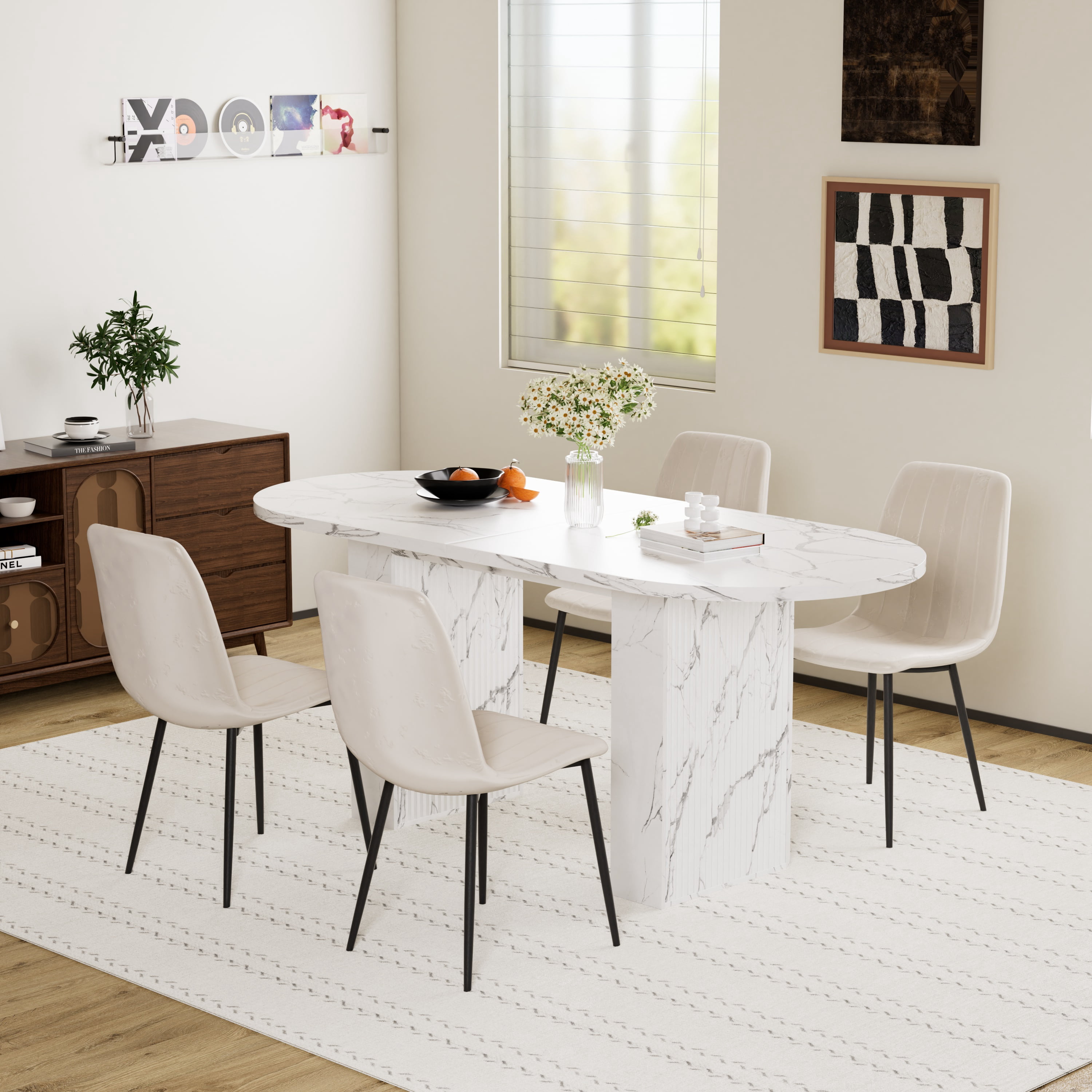 KATBOC 62.9in Oval Dining Table Set with 4 Velvet Chairs, Marble Top ...
