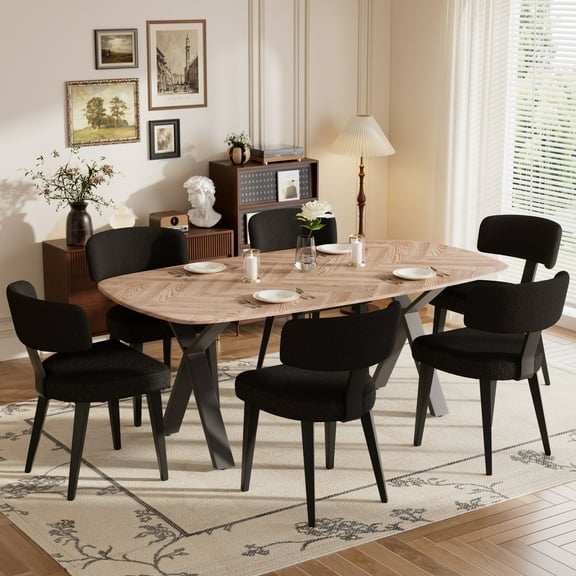KATBOC 7-Piece Modern Dining Set, MDF Wood Grain Table with X-Leg Design & 6 Ergonomic Teddy Fabric Chairs, Waterproof for Kitchen/Dining/Living Room , Wood & Black