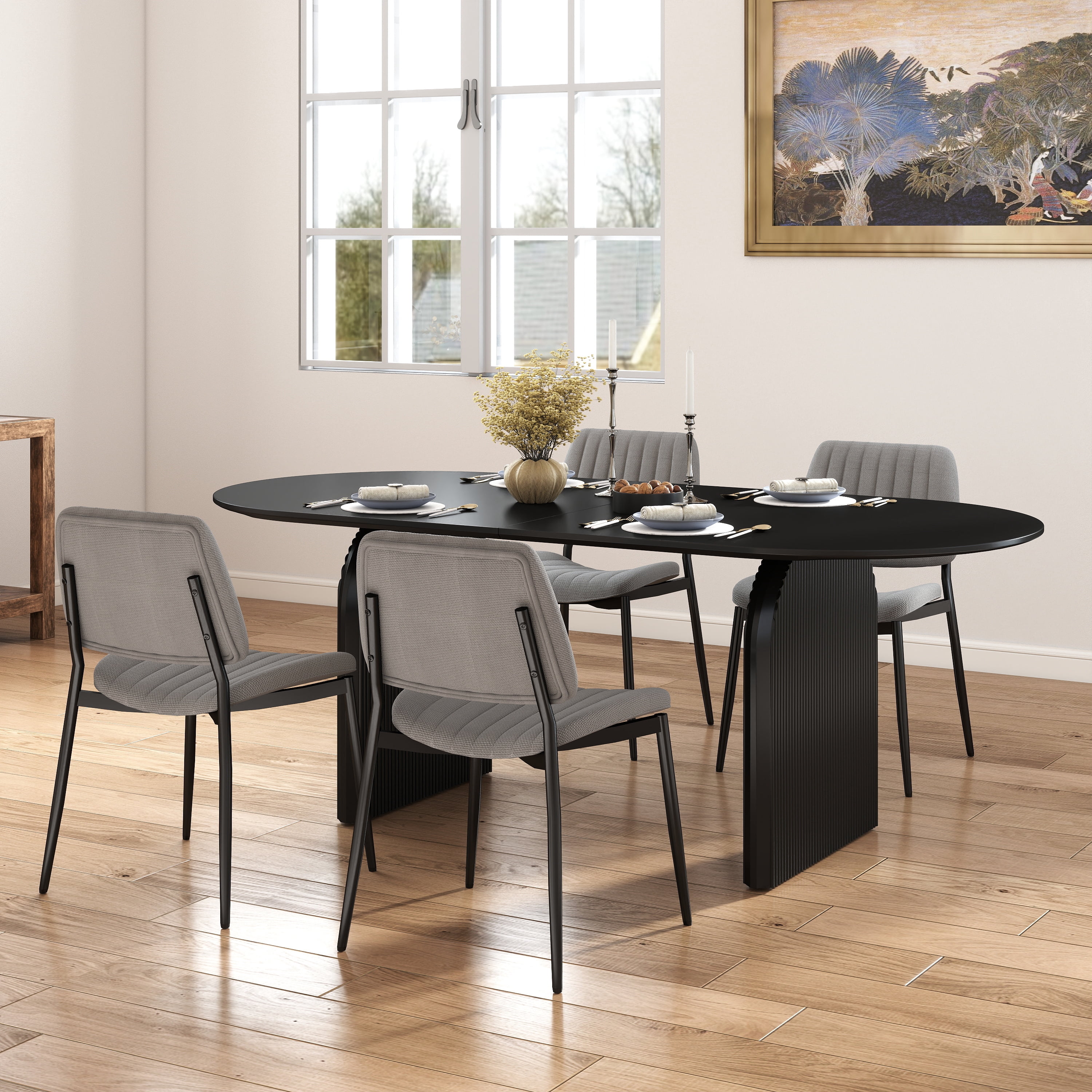 KATBOC 70in Modern Retro Dining Table Set with 4 Linen Chairs, MDF ...