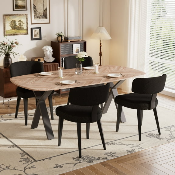 KATBOC 71in Farmhouse Dining Table Set with 4 Modern Boucle Chairs, Rustic X-Leg Design & Ergonomic Seating, Scratch-Resistant Easy Assembly for Kitchen Dining Room, Black