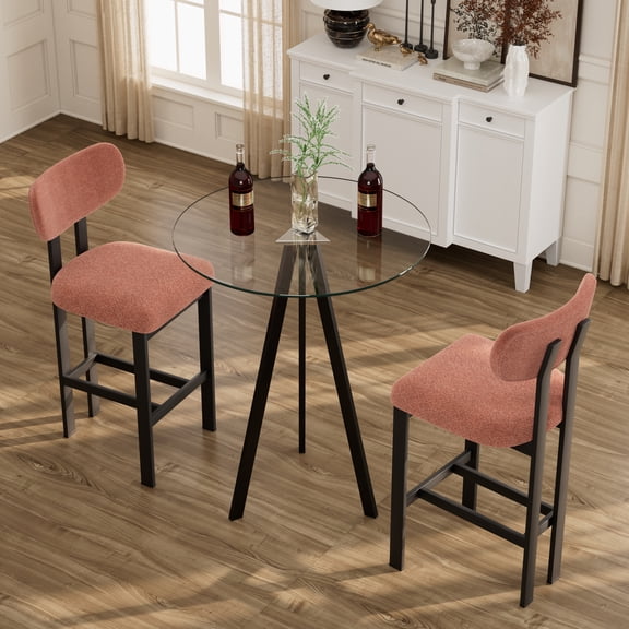 KATBOC Bar Set, 26 Counter Height Bar Stools Set of 2 & 31.5in Glass Bar Table, Modern Upholstered Fabric Stools, for Kitchen Island, Bar, Dining Room, BlackOrange