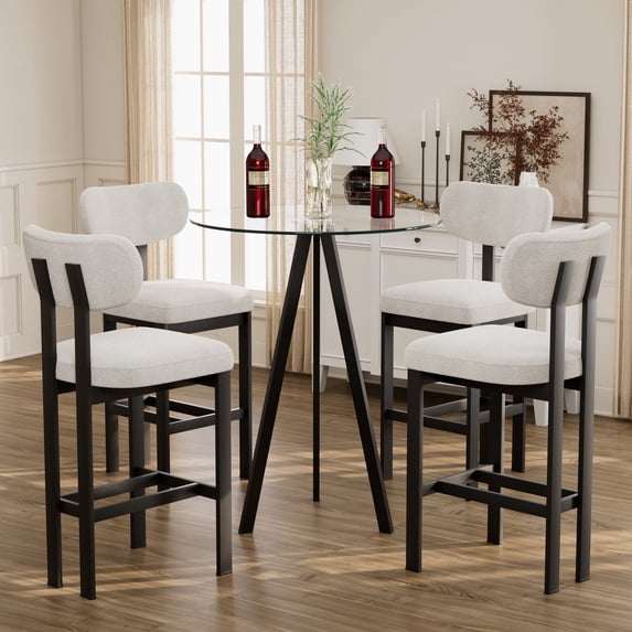 KATBOC Bar Set, 26 Counter Height Bar Stools Set of 4 & 31.5in Glass Bar Table, Modern Upholstered Fabric Stools, for Kitchen Island, Bar, Dining Room, BlackBeige