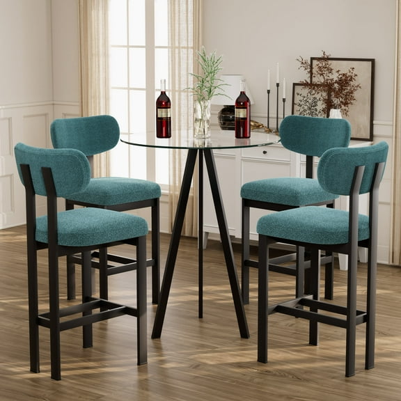 KATBOC Bar Set, 26 Counter Height Bar Stools Set of 4 & 31.5in Glass Bar Table, Modern Upholstered Fabric Stools, for Kitchen Island, Bar, Dining Room, BlackGreen