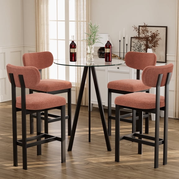 KATBOC Bar Set, 26 Counter Height Bar Stools Set of 4 & 31.5in Glass Bar Table, Modern Upholstered Fabric Stools, for Kitchen Island, Bar, Dining Room, BlackOrange